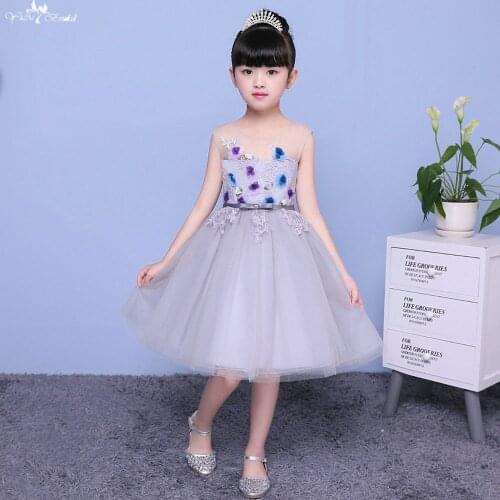 LZC002 Bow Applique 3d Flower Girl Dress Sleeveless Illusion Flower Girl Dresses