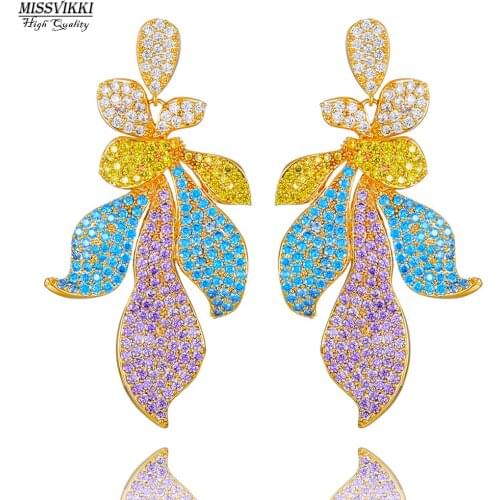 Missvikki High Quality Cubic Zirconia Stone Luxury Feather Leaf Pendant Earring Jewelry For Women Actor Dancer Stage Performance