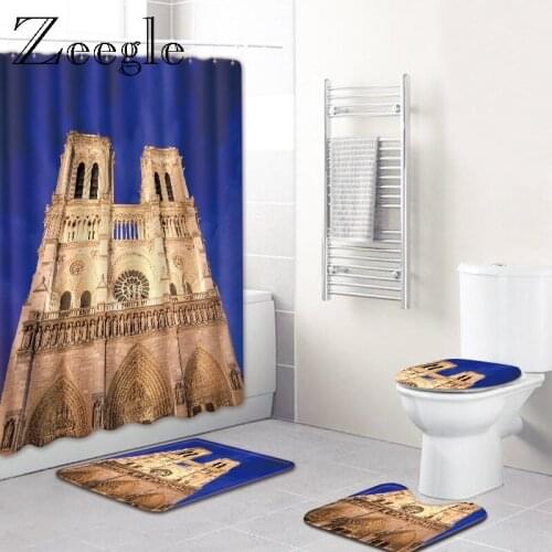 Zeegle 3d Building Pattern Bathroom Rug Set Toilet Floor Rug Foot Mat Waterproof Shower Curtain Pedestal Rug Bath Accessories