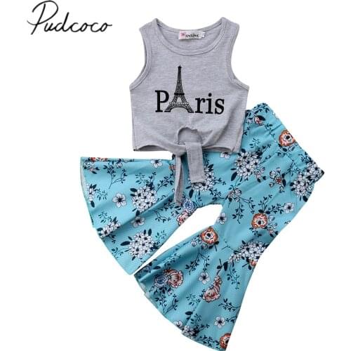 2018 Brand New Summer Fashion Toddler Baby Girls 2PCS Sleeveless Letter Grey Belt Vest Tops Floral Print Flare Pants Sets 1-5Y
