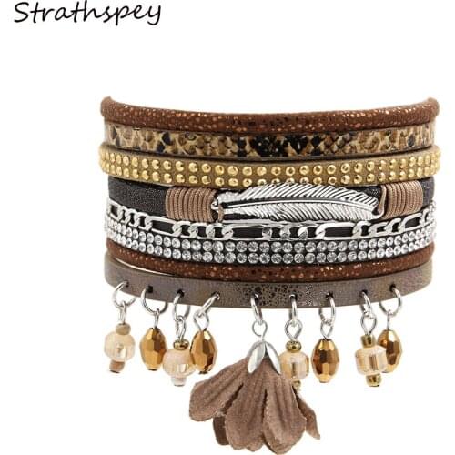 Prety Fashion Short Multi Rows Fabric Flower Pendent Rhinestone Crystal Leather Wrap Wrist Beads Tassel Bracelet Silver Leaf