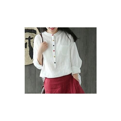 QPFJQD Spring Autumn Mori Girl Comfortable Women Casual Stand Collar Blouse Colored Buttons Long Sleeve Female Pocket Shirts