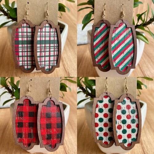 Christmas Stripe Star Dot Print Cork Inset Oval Wood Drop Earrings for Women Buffalo Plaid Boutique Wooden Jewelry Wholesale