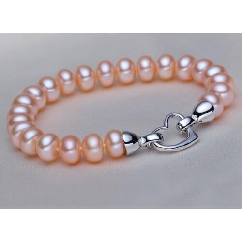 Wedding Woman Gift 9-10mm Natural Pink Freshwater Pearl Bracelet Silver Heart Clasp Handmade Woman Jewelry