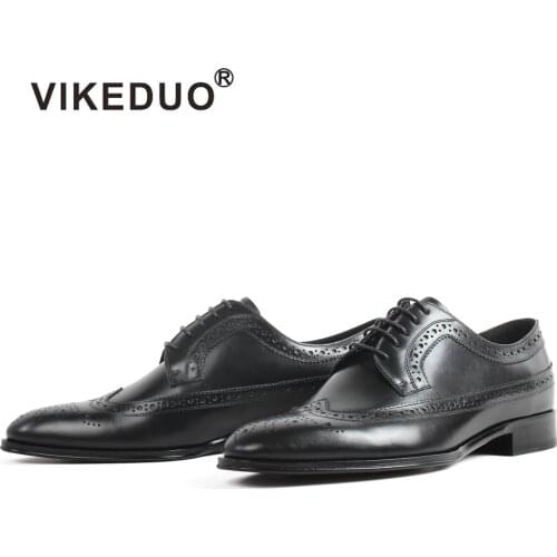 VIKEDUO Fashion Blake Men Shoes Handmade Brogue Calf Leather Footwear Plus Size Wedding Office Derby Shoe Black Zapato de Hombre