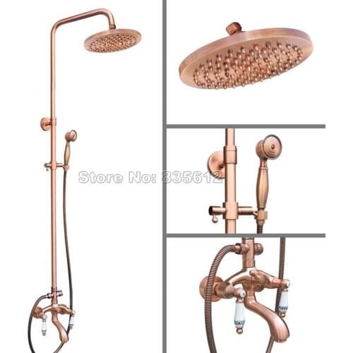 Bathroom Antique Red Copper Wall Mounted Rain Shower Faucet Set /Dual Ceramic Handles Bathtub Mixer Tap + Handheld Shower Wrg533