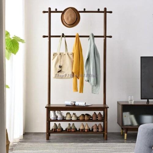 Jiayi Clothes Rack Bedroom Floor Standing Solid Wood Clothes Rack Hanging Clothes Rack Door Changing Shoes Stool New Chinese Doo
