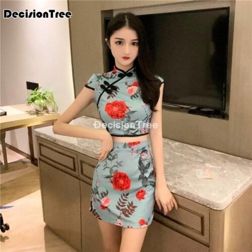 2021 chinese satin dress oriental dress elegant qipao mandarin collar vintage cheongsam vestidos chinese qipao top+skirt set
