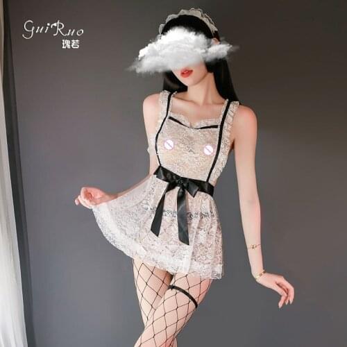 Womens sexy erotic skirt perspective lace apron tempts maid uniform role-playing suit porno lingerie femme adult slutty dress