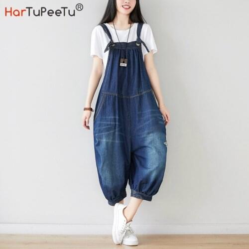 Denim Summer Overalls for Women Jeans Ripped New Lantern Baggy Pants Plus Size Loose Casual Washed Vintage Suspender Trousers