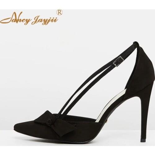 Woman Shoes Lady Pumps Flock Black Solid Butterfly-knot Sweet Super high thin heels Buckle Strap Pointed Toe Nancyjayjii 2019
