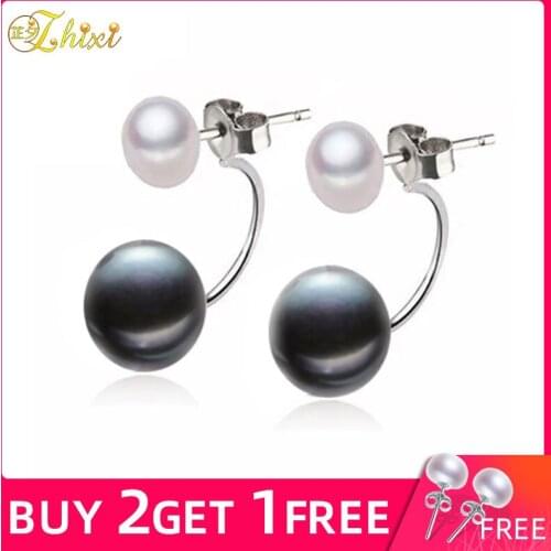 ZHIXI Double Pearl Earrings Silver 925 Jewelry Fine Natural Freshwater Pearl Stud Earrings for Woman Trendy Birthday Gift E205