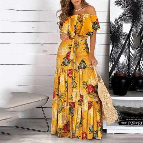 Hirigin Fashion Leopard Robe Print Long Dress Ruffle Maxi Sundress Bohemian Women Summer Sexy Casual Elegant Strapless Vestidos