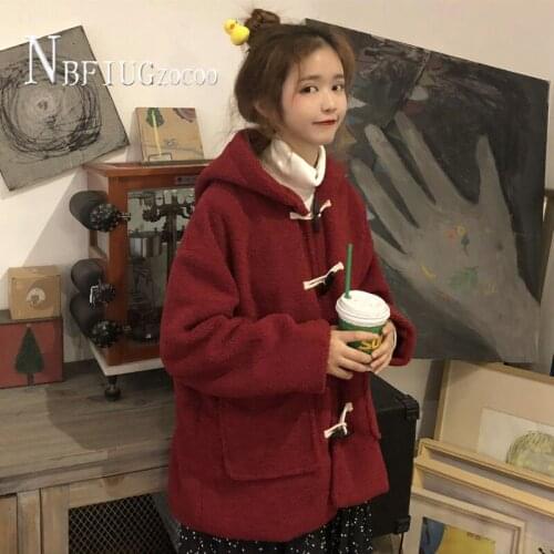 2020 Winter Imitation Lambswool Chic Women Coat Winter Horn Button Thick Hooded Female Jacket