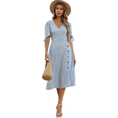 Womens Blue Floral V-Neck Button Flared Sleeve High Waist Mid-Length Dress Aline Elegant Casual Wrap Dress 2021 Summer Vestidos