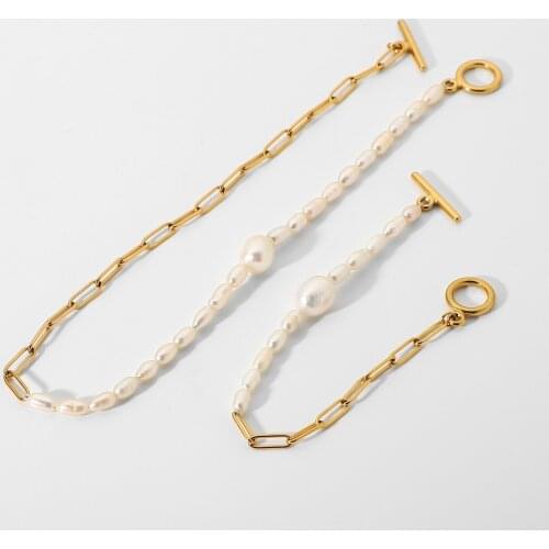 18K Gold Plated Stainless Steel Bracelet Necklace For Women Half Freshwater Pearl Half Chain OT Stick Buckle Chokers Jewelry