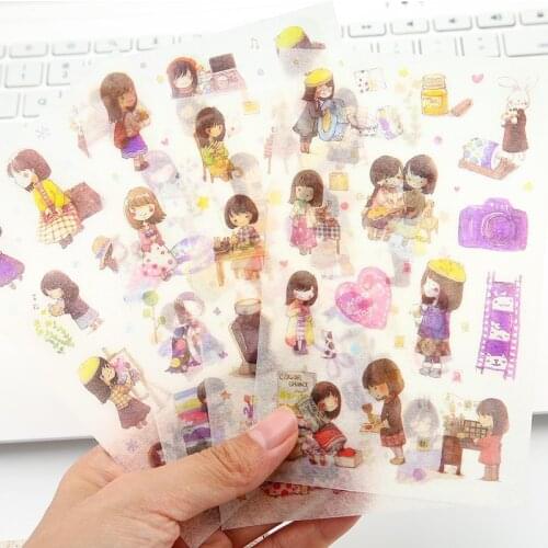 6PCS Cute New School Girl Children Stationery For DIY Albums Scrapbooking Diary Decoration Cartoon Depicting Stickers