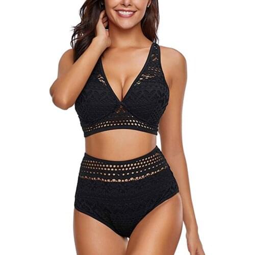 Bikinis 2021 Sexy Swimwear Womens Two Pieces Crochet Lace High Waist V Neck Bikini Set Swimsuit Separate tankini купальники