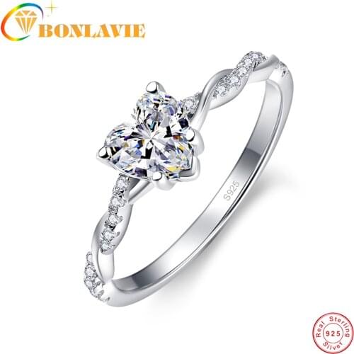BONLAVIE Heart Shaped White Zirconia Twist Arm Inlaid with Zircon 925 Silver Ring for Wedding and Engagement