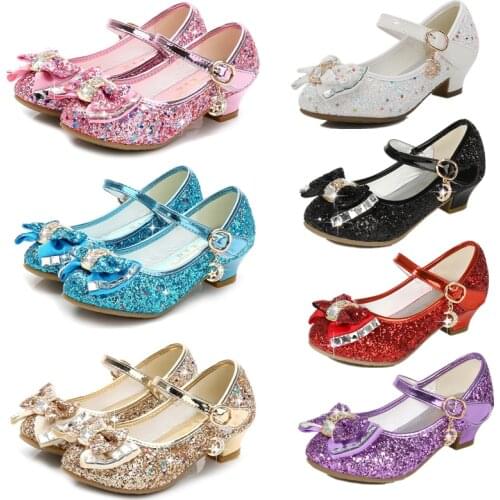Girls Princess Leather Shoes For Kids Butterfly Knot High Heel Glitter Crystal Sandals Children Solid Color Cosplay Shoes