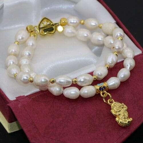 Original design two rows 7-8mm white natural freshwater cultured barrel rice pearl clasp bracelets charms jewelry 8inch B2759