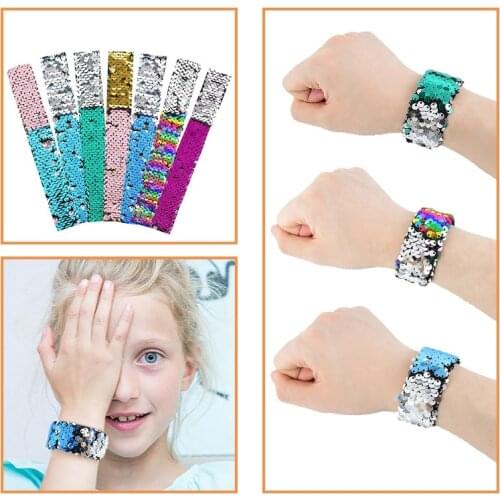 5pcs/lot Mermaid Glitter Slap Bracelets Magic Paillette Two-Color Sequin Reversible Wristband for Kids Party Favor Birthday Gift
