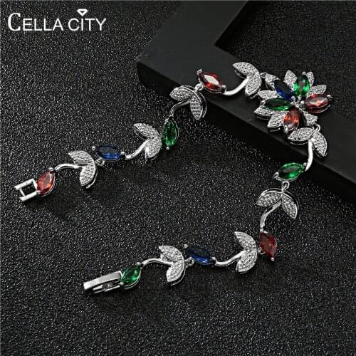 Cellacity Silver 925 Jewelry Leaf Gemstones Bracelet for Women Water Drop Shaped Ruby Sapphire Emerald Zircon Rose Gold Color