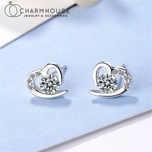Pure Silver 925 Stud Earrings Set For Women Crystal Cute Heart Charm Earing Amethyst Zirconia Wedding Party Engagement Jewelry
