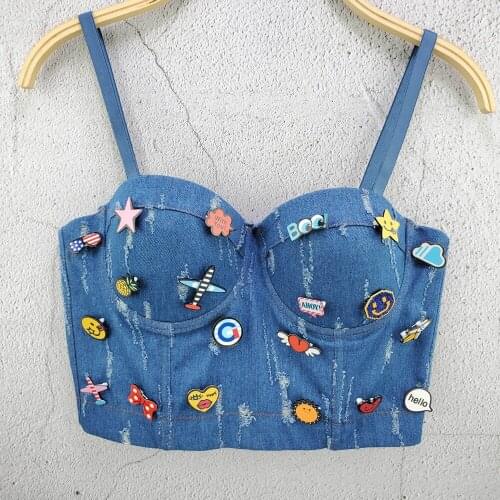 Cupnaya Badges Women Distressed Denim Blue Crop Top Spaghatti Strap Bustier Sexy Ladies Inner Sleeveless Tube Corset Bralette