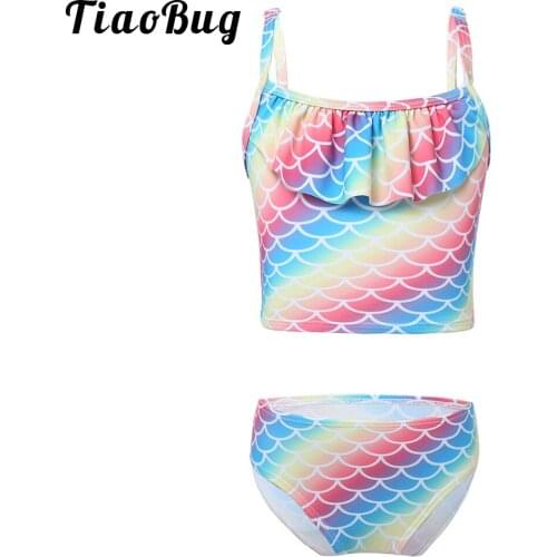 Kids Girls Two Piece Swimwear Bathing Suit Mermaid Bikini Sets Swimwear Fish Scale Pattern Tankini Set Beachwear for Beach Party
