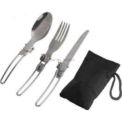 By dhl 500set high quality 3-in-1 Set Outdoor Picnic Tableware Stainless Steel Travel Camping Folding