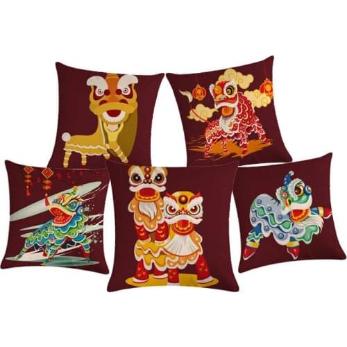 Chinese Style Lion Dance Cushion cover cotton linen pillow case Home decorative 45cm*45cm pillow cover for sofa office