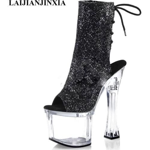 LAIJIANJINXIA New 18 Cm High Heels Women Boots Sexy Ankle Boots Transparent Party Club Model Pole Dancing Shoes Dance Boots