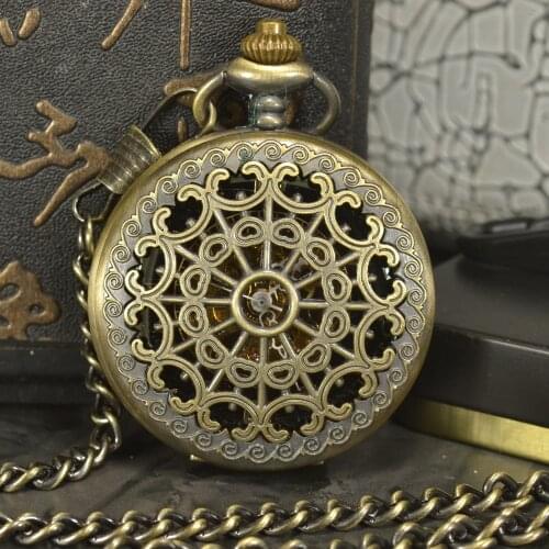 TIEDAN Mechanical Pocket Watch Men Vintage Skeleton Antique Luxury Brand Hand Wind Necklace Pocket & Fob Watch Chain Bronze