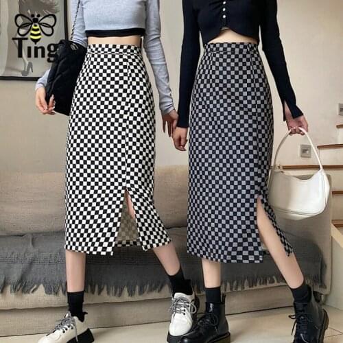 Tingfly Women Fashion Clothes Casual Plaid Side Split Midi Long Skirts Vintage Chic New Designer Straight Midi Long Saia Zaful