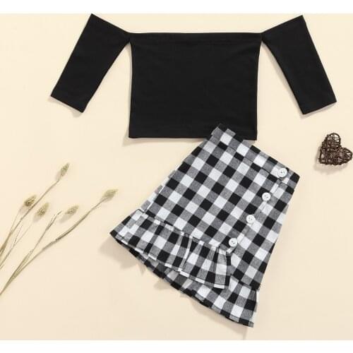 2-7Y Girls Fashion Clothing Sets Children Kids Baby Girls Solid Off Shoulder T-shirts Tops+Button Skirts Casual Clothes Outfits