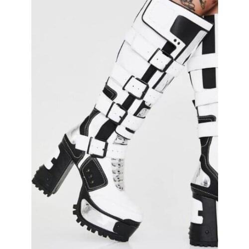 Fashion Woman Punk Style Intrigue Patchwork Knee High Boots Female Chunky Heels Side Buckles Platform Motorcycle Long Rock Boots