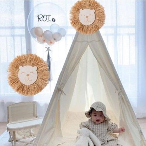 Nordic Style Weaving Straw Wall Pendant Hand Woven Cartoon Wooden Animal Head Ornaments Children Room Hanging Decora