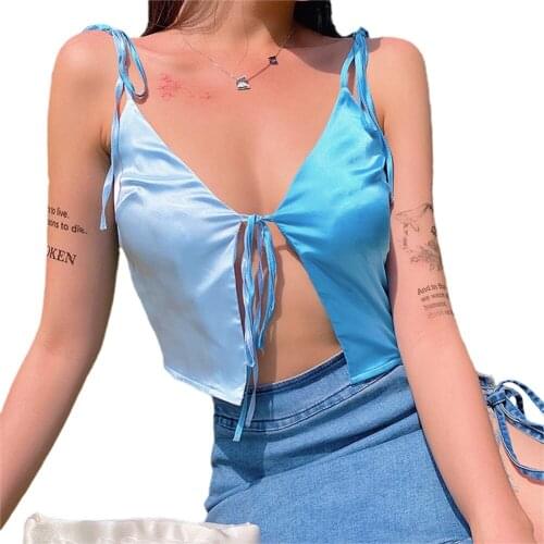 2020 New Hot Fashion Lady Summer Contrast Color Camisole Sexy V-neck Lace up Short Style Exposed Navel Bottoming Top