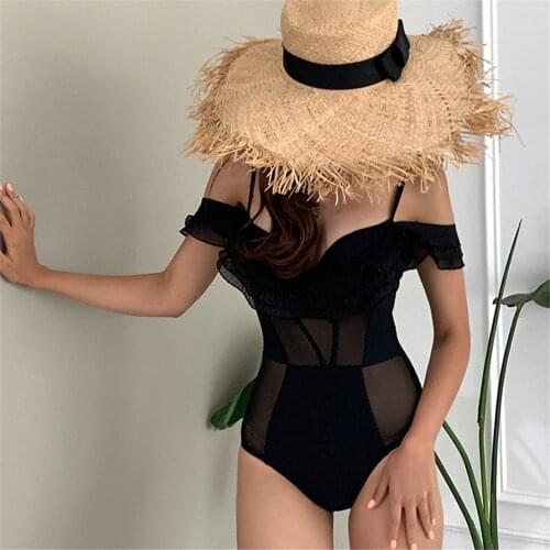 Sexy Off Shoulder One Piece Swimsuit Women Solid Swimwear Mesh Monokini Push Up Ruffle Open Back Trikini Pad Bathing Suit Black