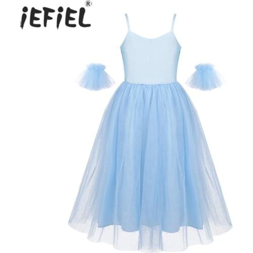 Kids Girls Spaghetti Straps Professional Ballet Tutu Dress Romantic Ballet Dance Mesh Long Dress Gymnastics Dance Costumes
