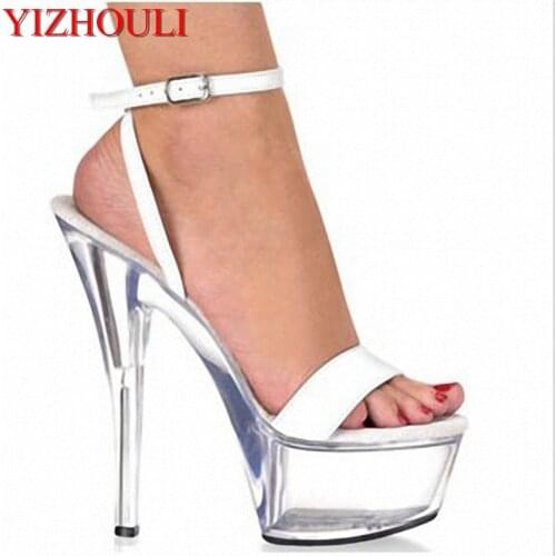 Transparent crystal evening performance high-heeled shoes, 15cm high heel, model stage pole dancing performance sandals