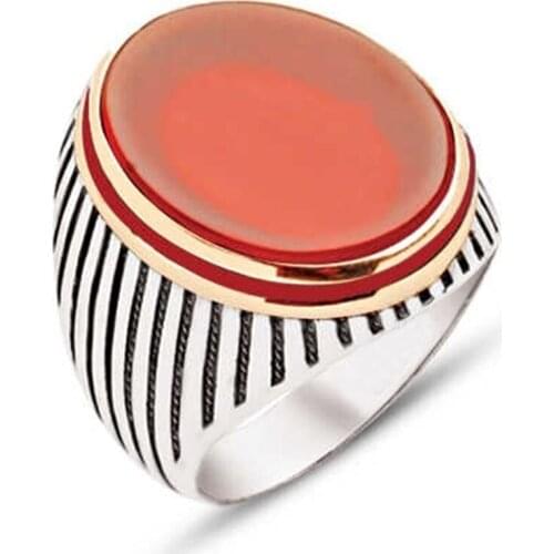 Silver Agate Gemstone Sides Enamel Embellished Stripe Case Men 'S Ring