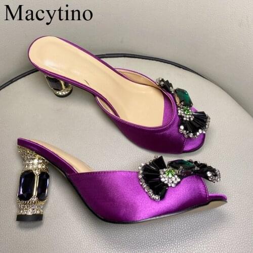Silk High Heel Slippers Women Purple Satin Bowknot Ladies Shoes Summer Mules Slides Flip Flop Crystal Heel Shoes Woman