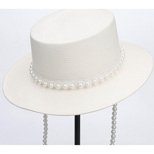 Elegant Womens Summer Hat Pearl Chain Decoration Sun Protection Cap Female Flat Top Wide Brim Hat Straw Hat Beach Hat Sun Hats