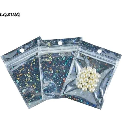 50pcs New Star Foil Zip lock Bag Pouch Cosmetic Plastic Laser Iridescent Bags Holographic Makeup Bags Hologram Zipper Hangbag