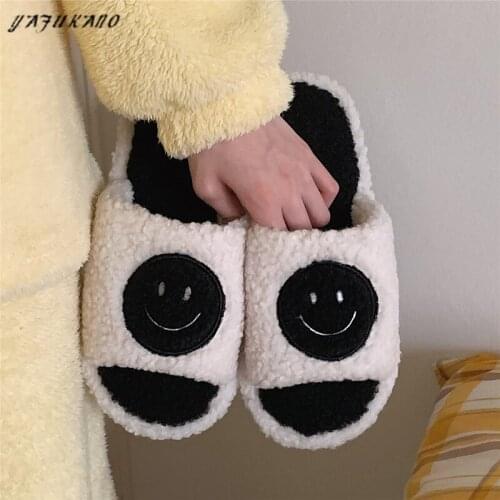 Couple Cotton Slippers Women Winter Fashion Warm Home Indoor Bedroom Non-Slip Cute Smiling Furry Flat Shoes Unisex Size 36-45