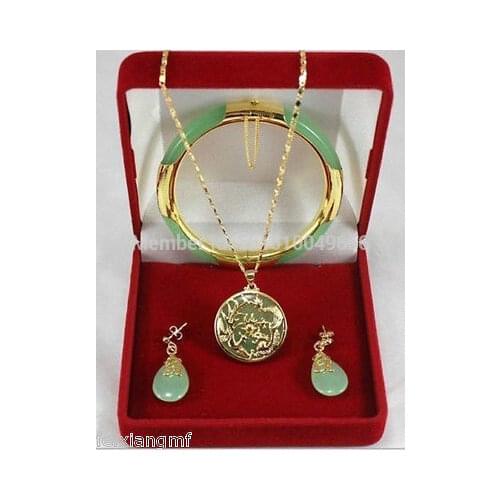 Hot sale FREE SHIP>>>Charming green jade Dragon Phoenix pendants necklace earring bracelet set