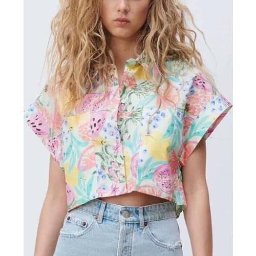 ZA Summer Women Blouse 2021 New Turn Down Collar Female Loose Thin Top Fruit Printed Casual Sweet Girls Shirt Blouse Pockets