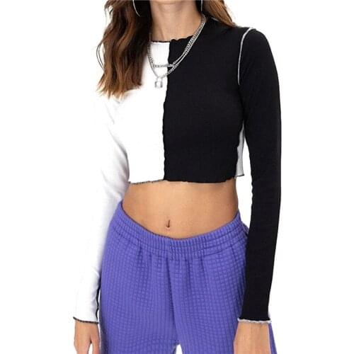 Womens Fashion Color Block Crop Tops Casual Long Sleeve Round Neck Two Tone Slim Fit Tee Shirts Patchwork Slim Pullover